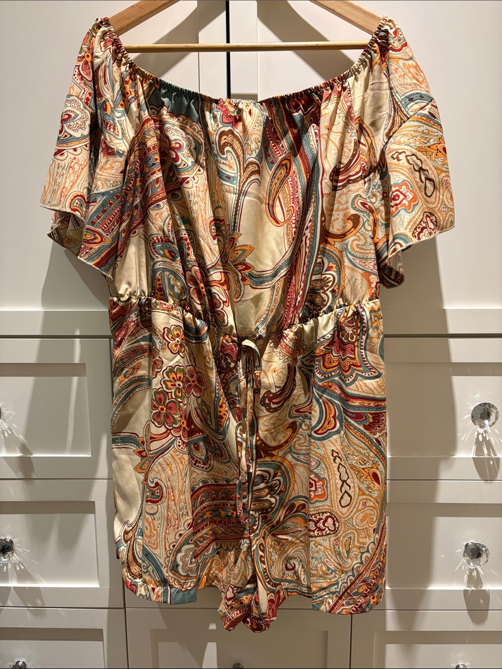 SHEIN Cream Multicolor Paisley Off-Shoulder Romper